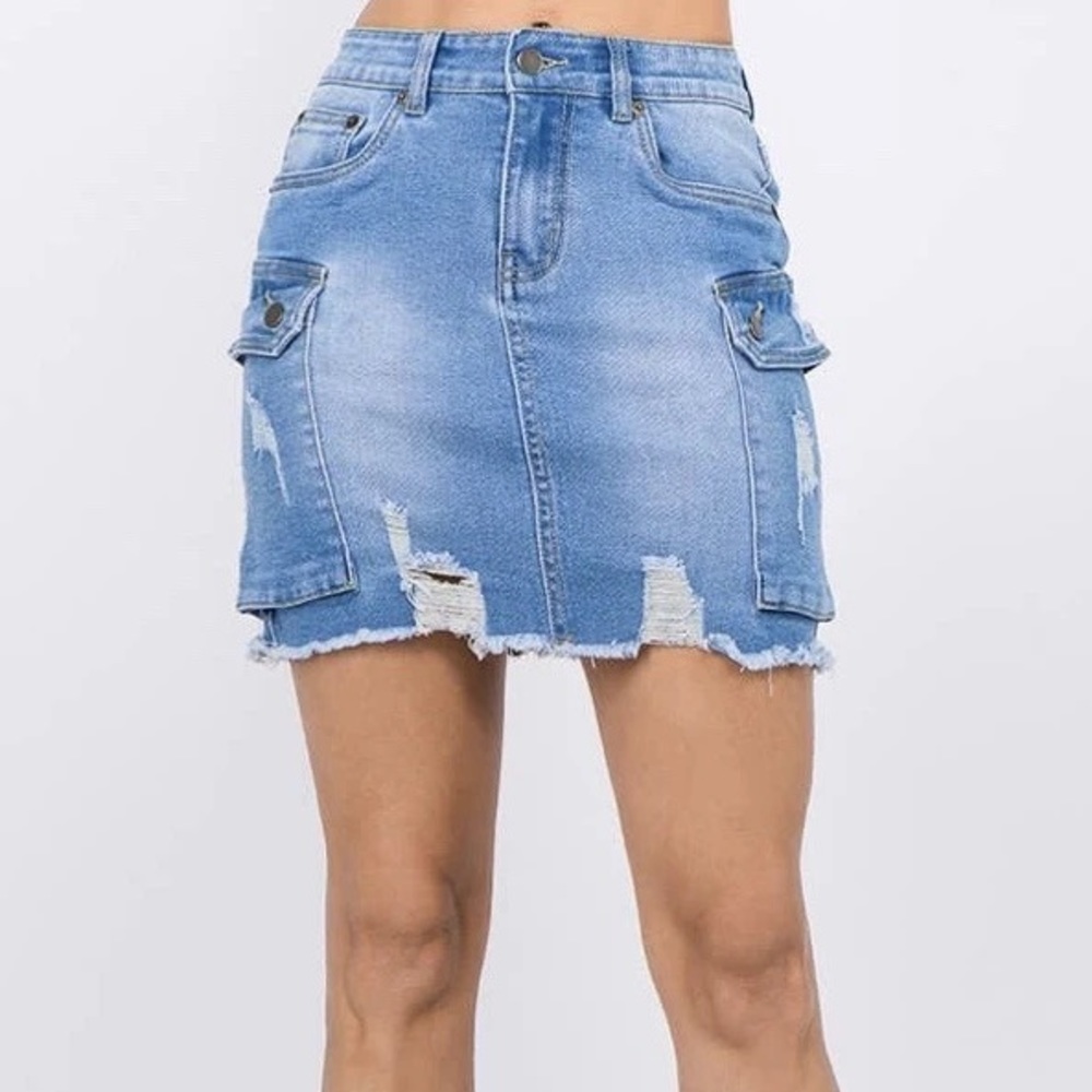 Distressed Denim Skirt With Pockets